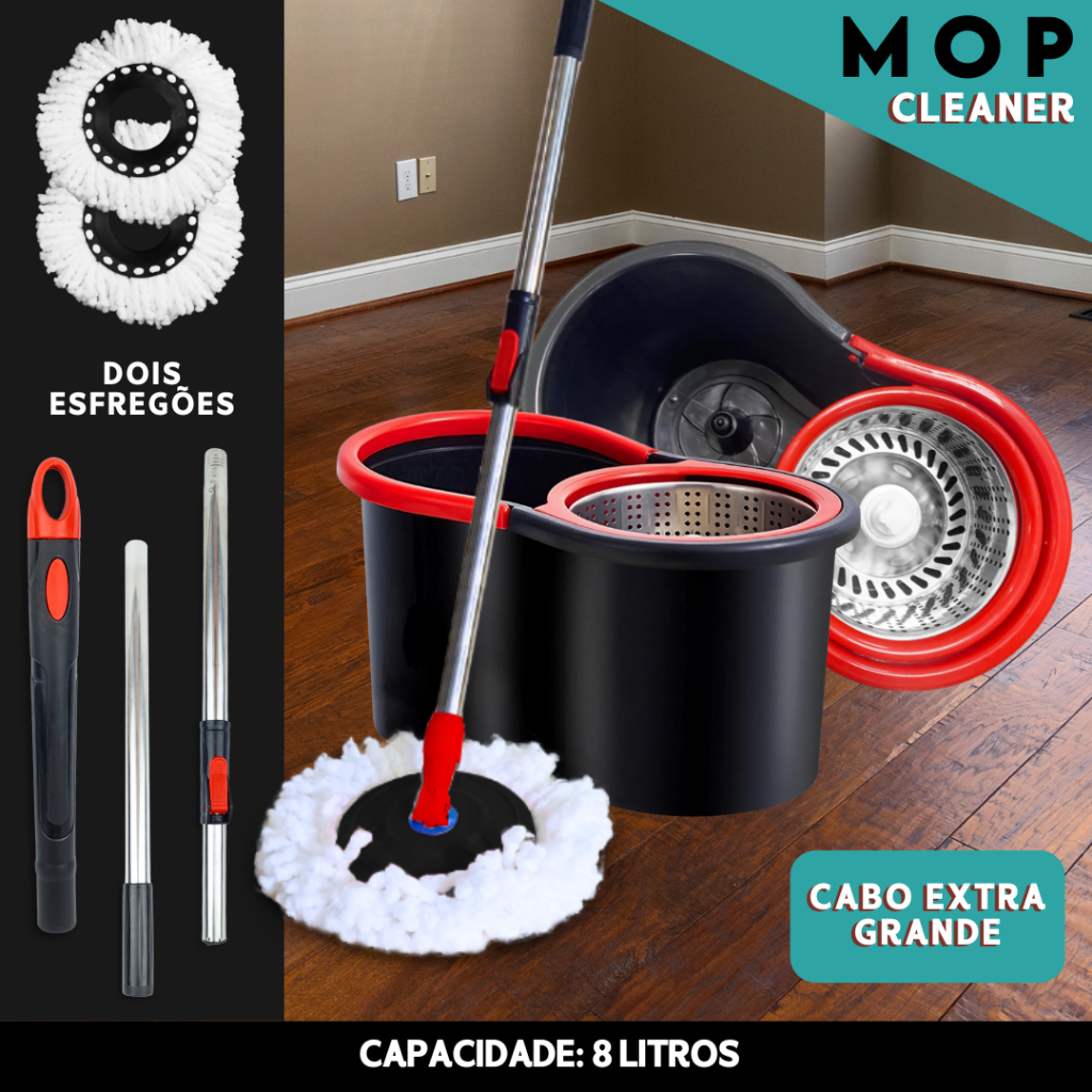 Mop 8 Litros Cesto Em Inox Balde Centrífuga C/ Cabo de 140 cm 2 Refis Shefa