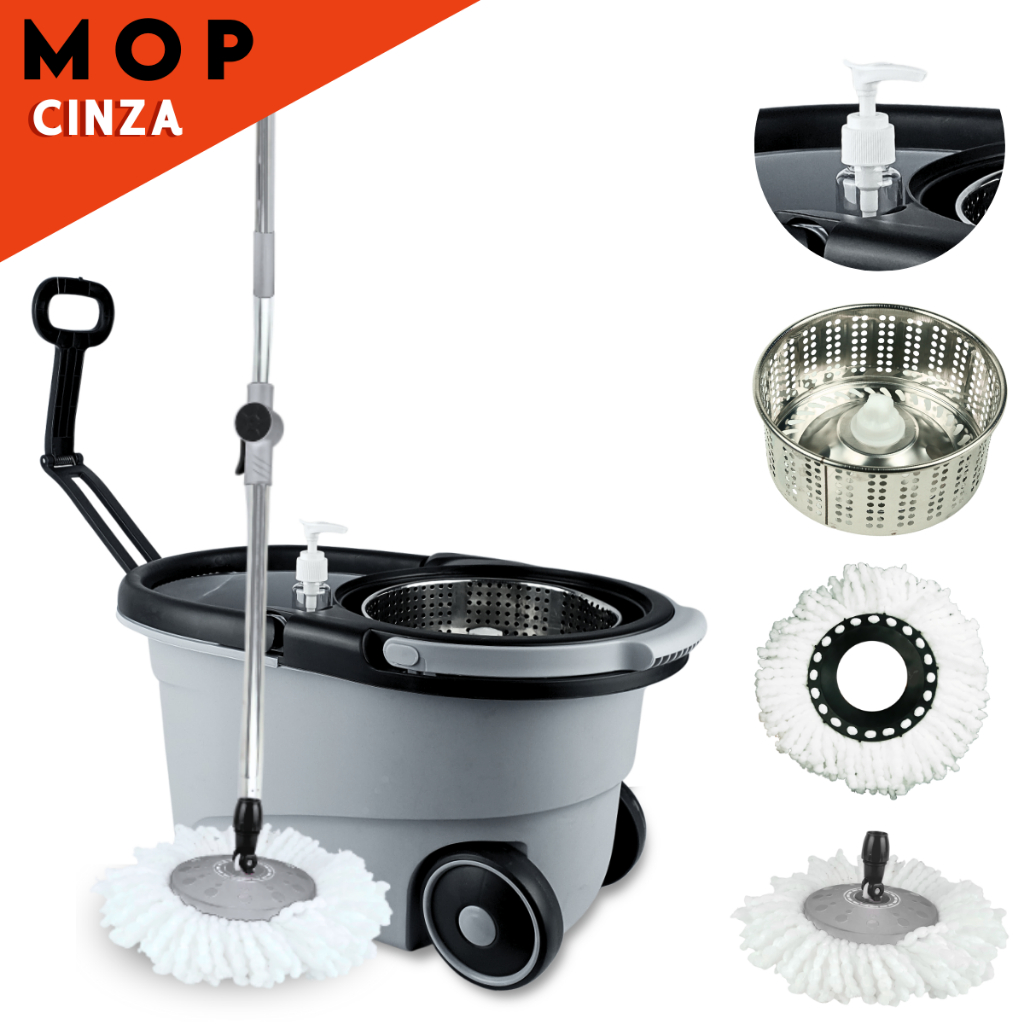 Mop Giratório Cesto Em Inox C/ Rodas e Alça Cabo de 150 cm  Kit Completo Para Limpeza Cinza - SHEFA em Oferta na Shopee