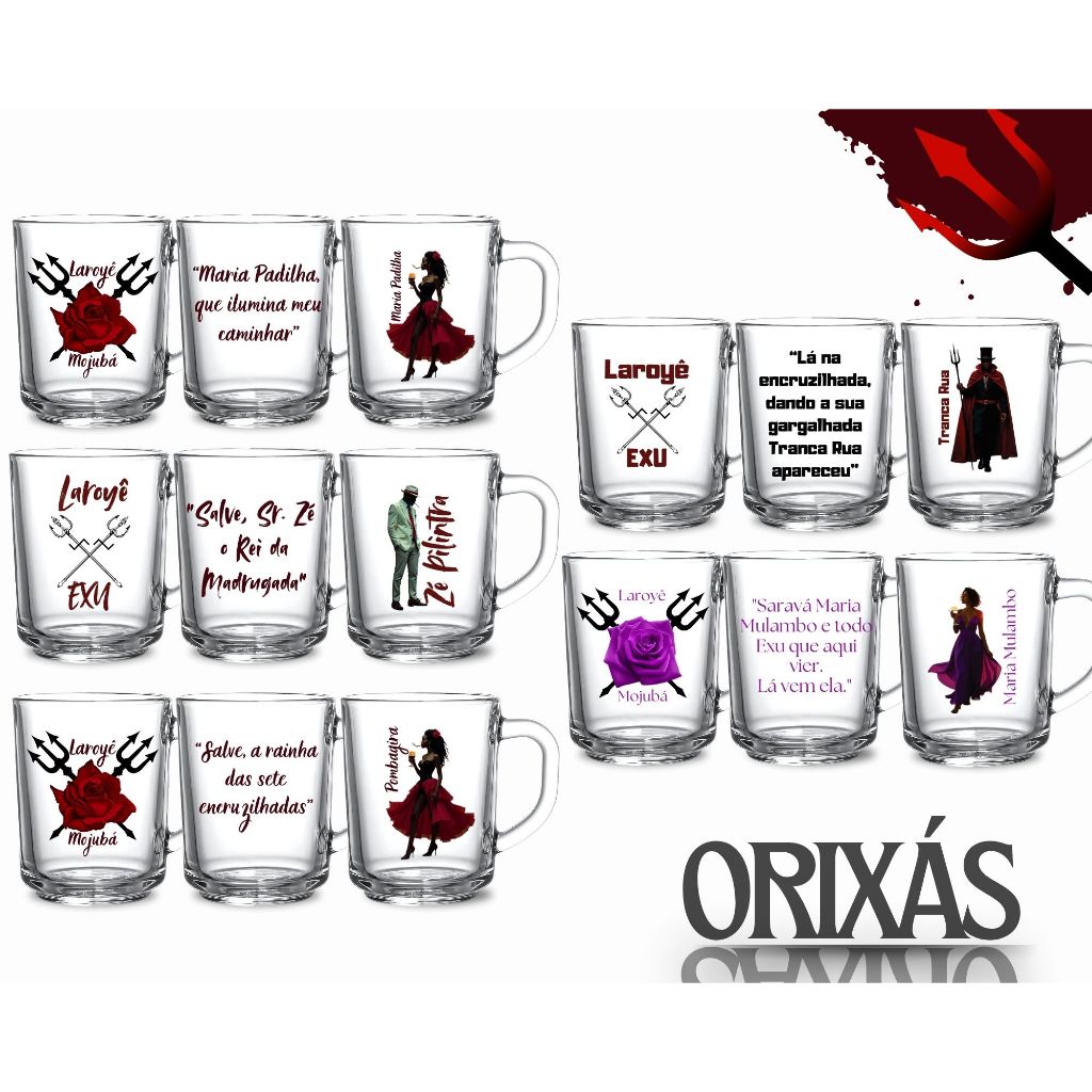3 Canecas Vidro Personalizada Umbanda Candomblé Zé Pilintra Pomba Gira Maria Padilha Tranca Rua