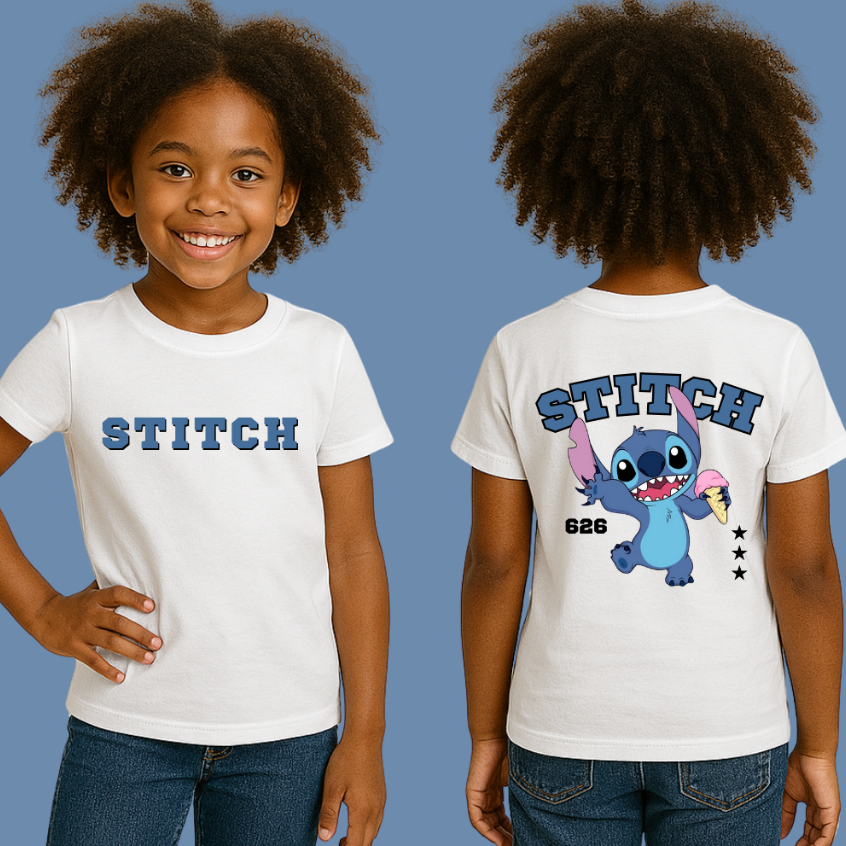 Camiseta Infantil Estampada Em Algodão Personagem Stitch 626 Unissex Camisa Criança