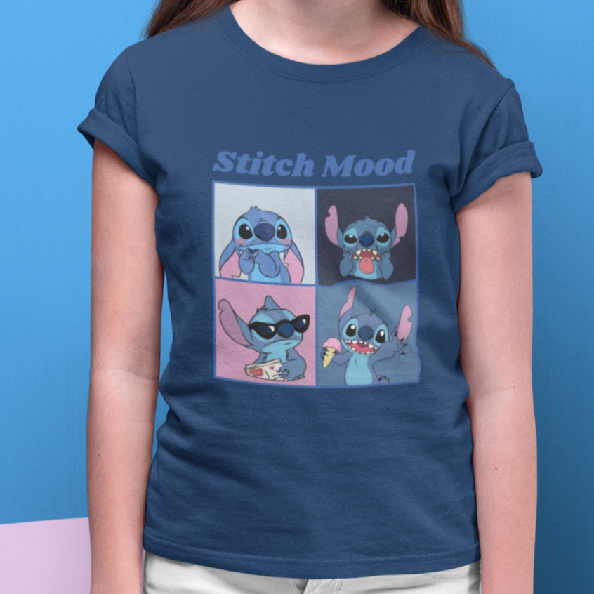 Camiseta Infantil Juvenil Estampada Em Algodão Stitch Mood Personagem Camisa Criança Unissex