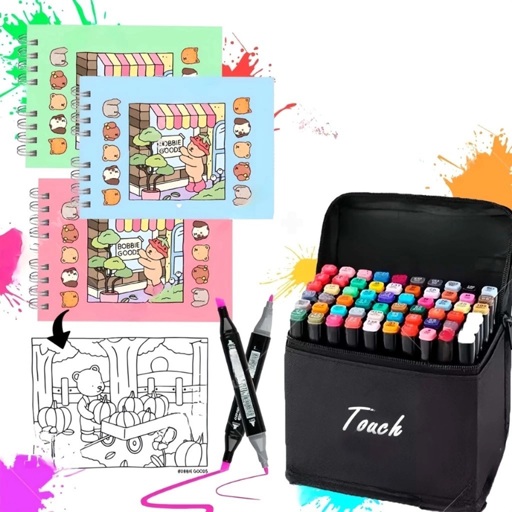 Livro De Colorir Bobbie Goods Cores Capa Dura 50 Páginas e Canetinhas Canetas Ponta Dupla ...