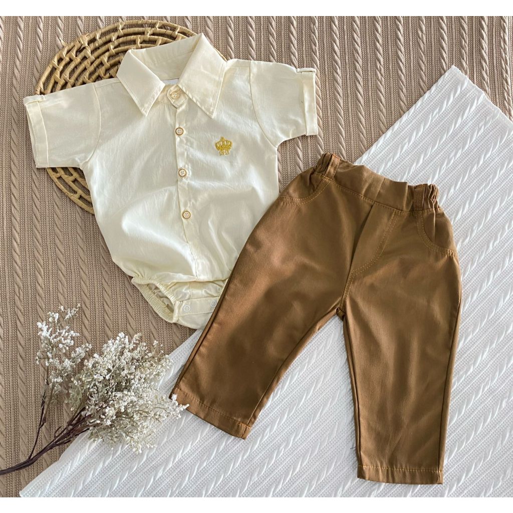 Conjunto Infantil Premium Body Tricoline Vermelho Marfim e Branco Calça Sarja Elegante Menino P-M-G