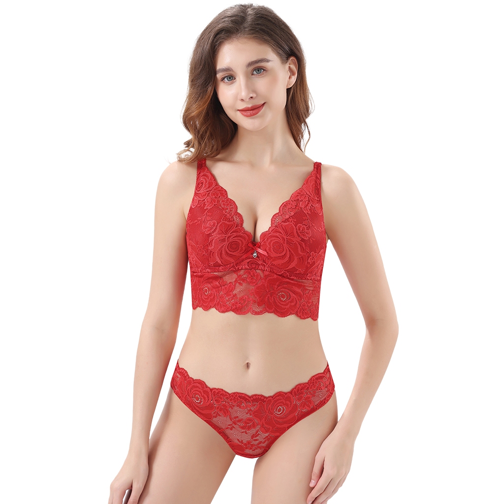 Z&D Lingerie Conjunto  Costas Largas Estilo Cropped Com Aro Com Bojo e Renda Calcinha Fio Dental 6931 - Women Clothes