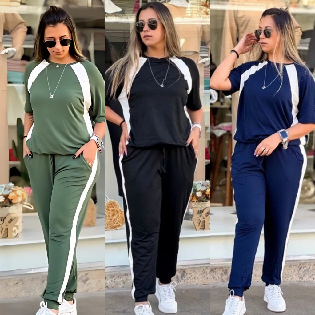 Conjunto feminino em malha viscolycra calça jogguer e blusa longa confortável