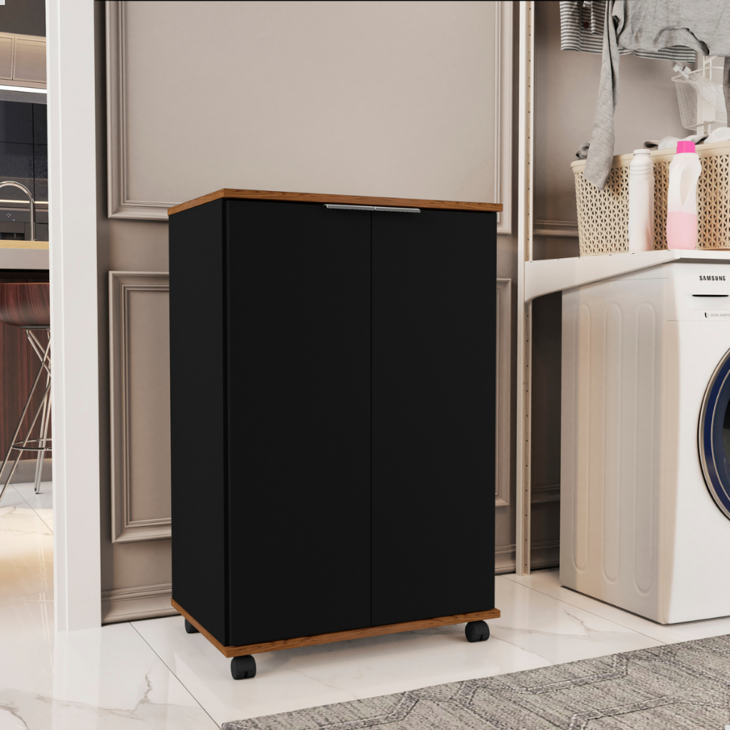Armário Com 2 Portas Multiuso Sapateira Organizador Lavanderia Rodizio Pratic Cor Preto