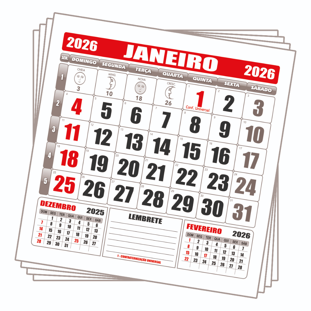 Calendário Bloco 21x22 Folhinha De Parede 5 Und