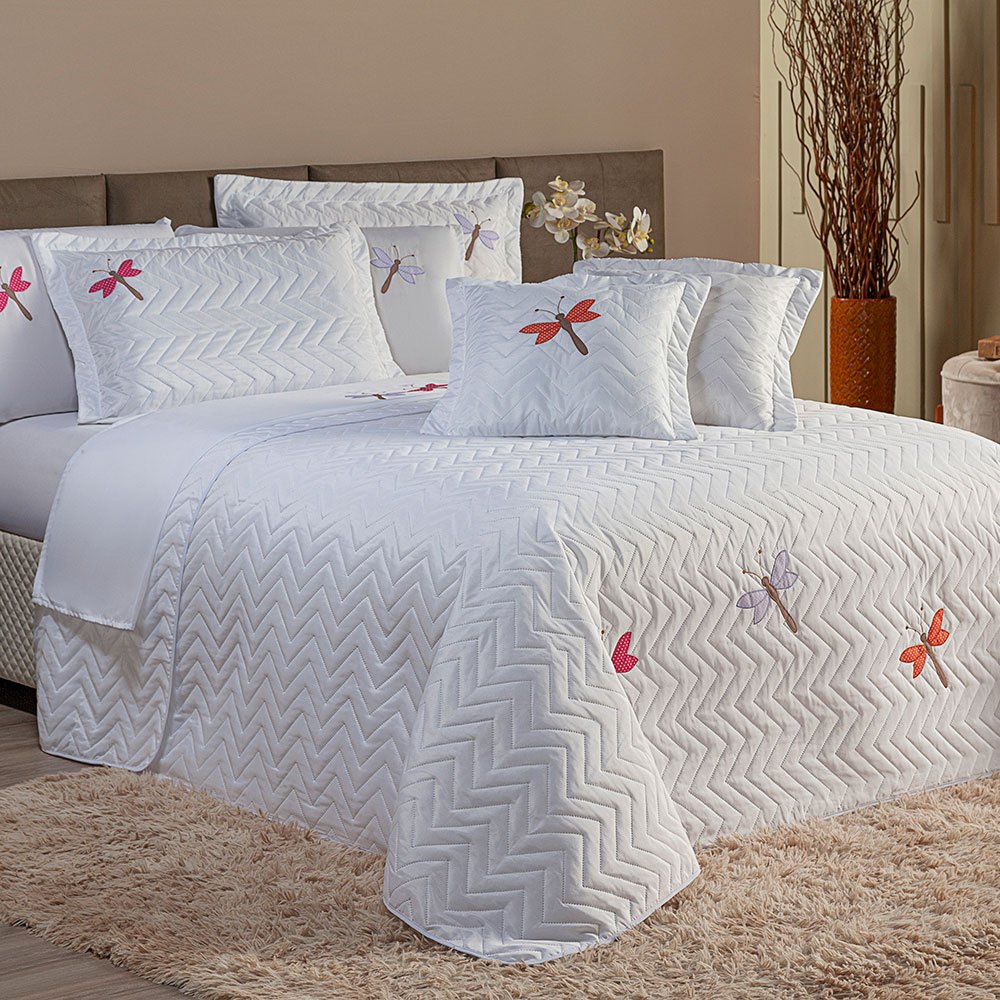 Kit 3 Peças Cobre Leito Casal Padrão Libélula Bordado Branco