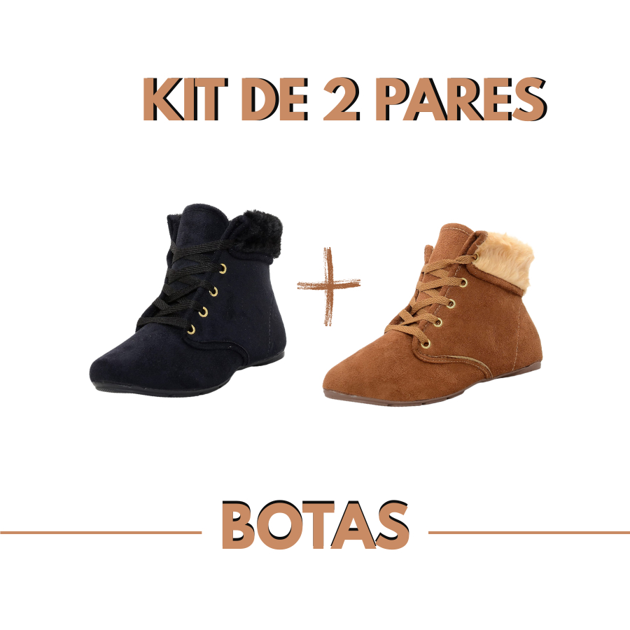 Kit Bota Coturno Feminina Cano Curto Pelo Botinha Quentinha Confortável Inverno Estilosa F...