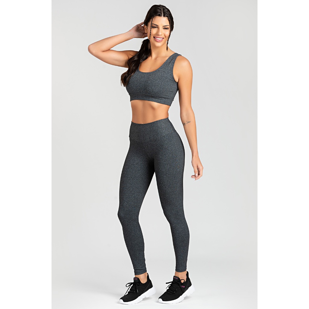 Legging Feminina Poliéster Lisa Mescla Escuro Fitness Não Transparente Cintura Alta Academia Crosfit