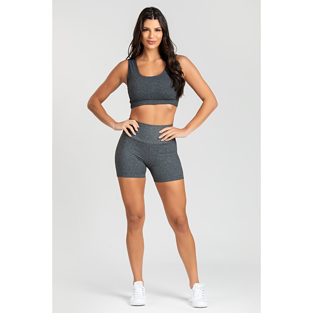 Short Feminino Poliéster Mescla Escuro Não Transparente Fitness Cintura Alta Academia Crossfit