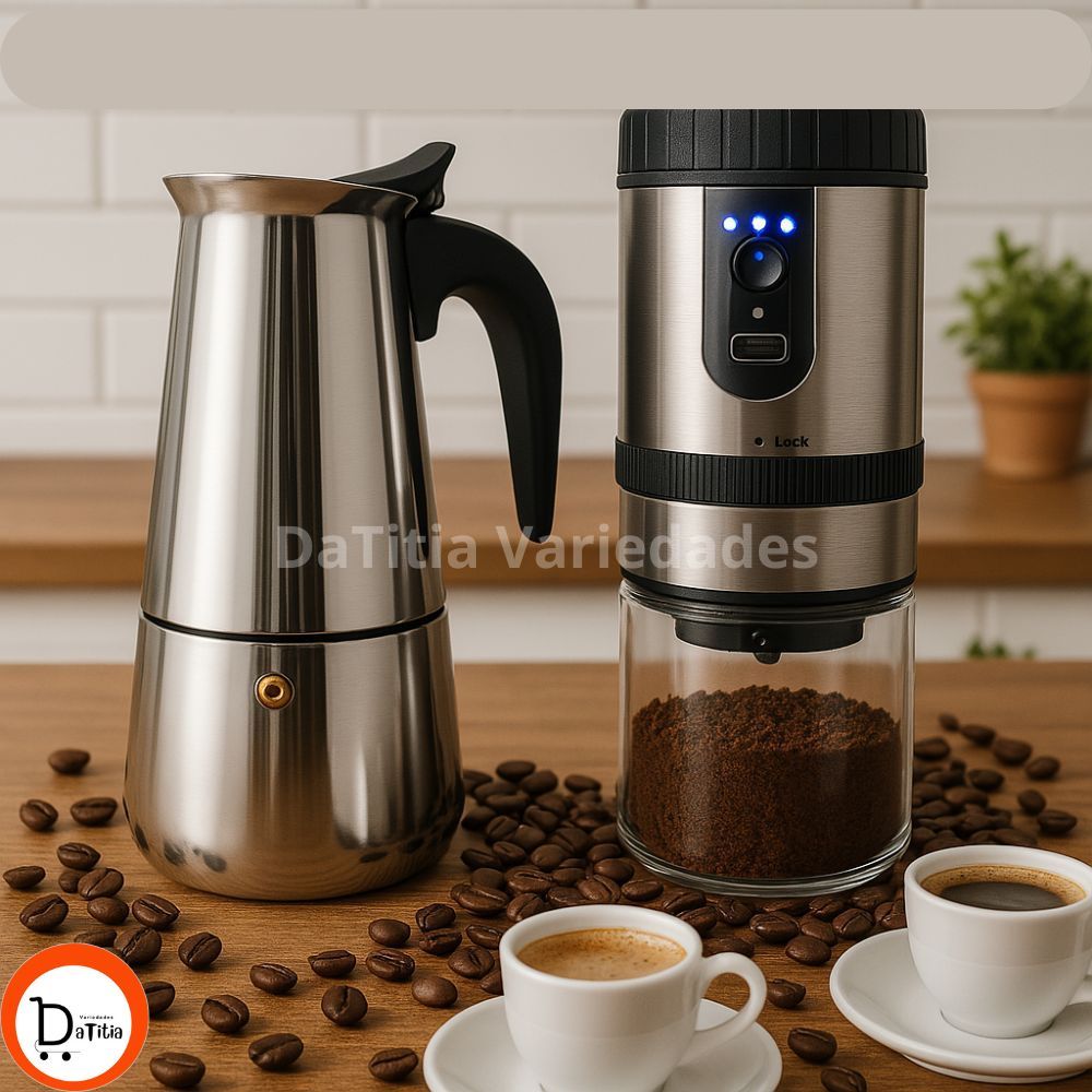 Cafeteira Italiana Inox  Premium  para 6 Xícaras e Moedor de Grão Café Elétrico Manual Carregador USB