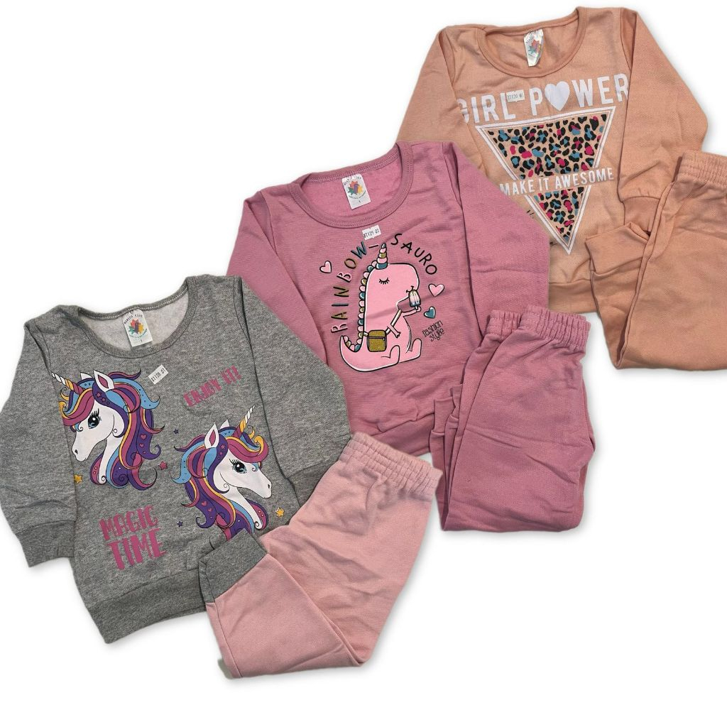 Kit com 3 conjuntos de moletom menina flanelado quentinho infantil são 3 calças e 3 blusas