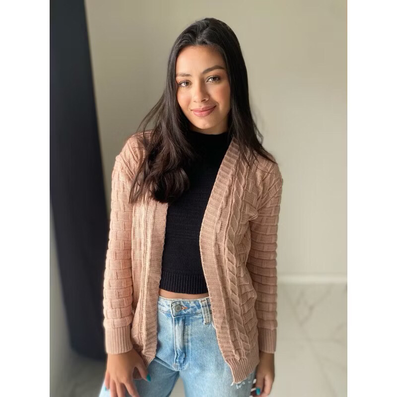 Casaco Trança Tricot feminino cardigan kimono moda blogueira tricô inverno
