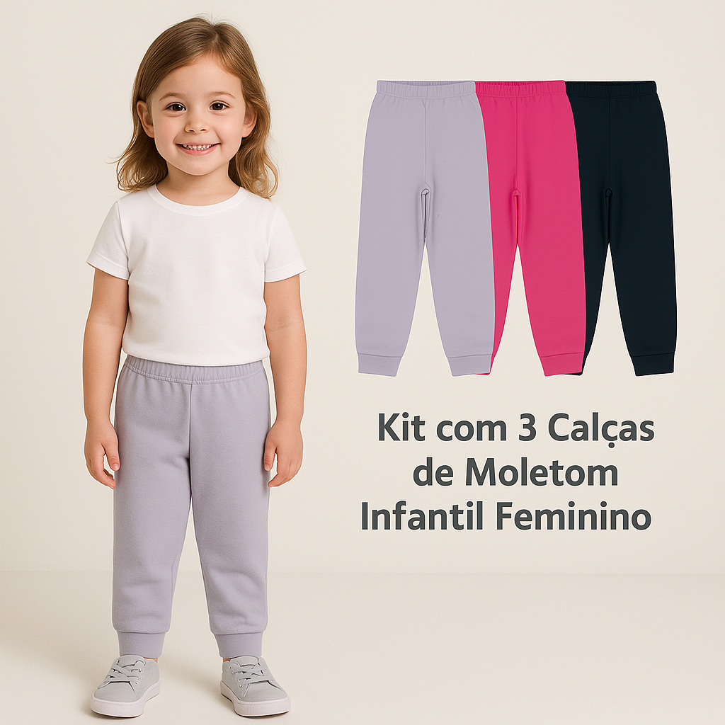 Kit com 3 Calças Moletinho Infantil Menina – Inverno Tamanhos 1 ao 10 Anos - Sortido