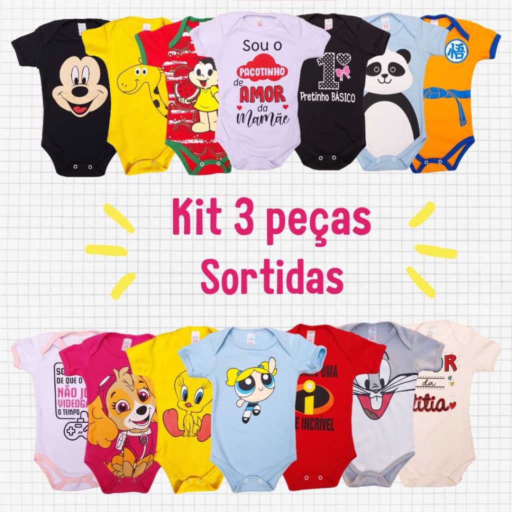 Super Queima de Estoque -  Kit 3 Bodys Sortidos ESTAMPADOS ( Frases e Temáticos ) Suedine 100% Algodão