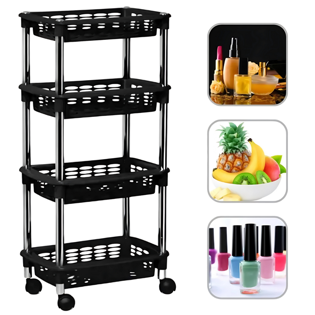 Fruteira Organizador Multiuso 4 Andares Rodinhas Aço Cromado Plástico para Cozinha Salão Lavanderia em Oferta na Shopee