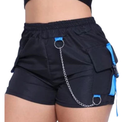 Shorts Shortinho Feminino Tactel Com Bolso Cargo e Faixa Coloridas e Corrente — imagem 1
