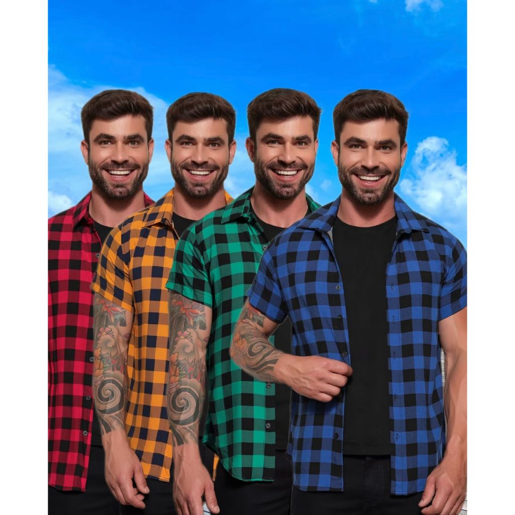 camisa xadrez masculina camisas manga curta viscose masculino colorida