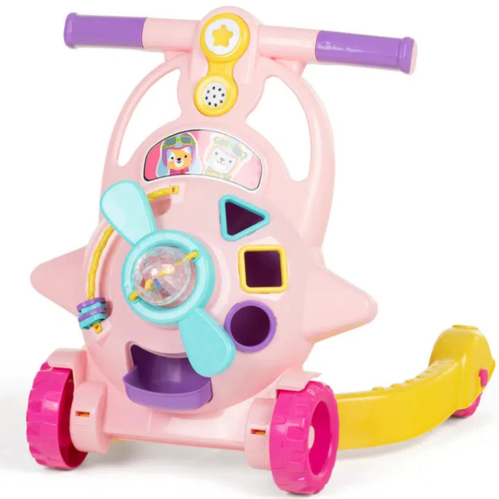 Andador Didático Aviador Infantil Bebe Educativo Tateti Calesita Com Haste Empurrador Musica Amarelo