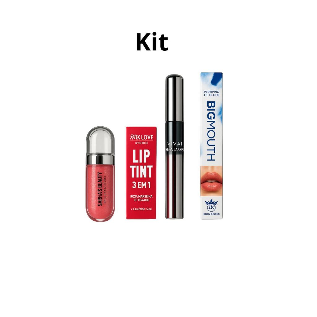 Kit Maquiagem Completo Lip Tint, Gloss Plump, Brilho Labial Cintilante e Máscara de Cílios Volume