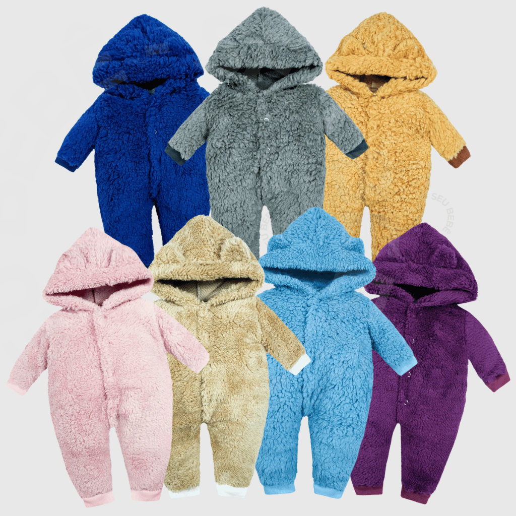 Macacão Teddy Inverno Bebê Pele de Carneiro com Capuz e Orelhinha P/M/G