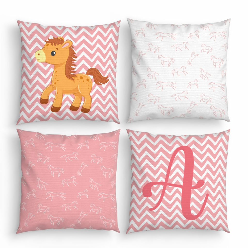 Kit 4 Capas Almofada Decorativas Cavalo Cute Rosa - Inicial