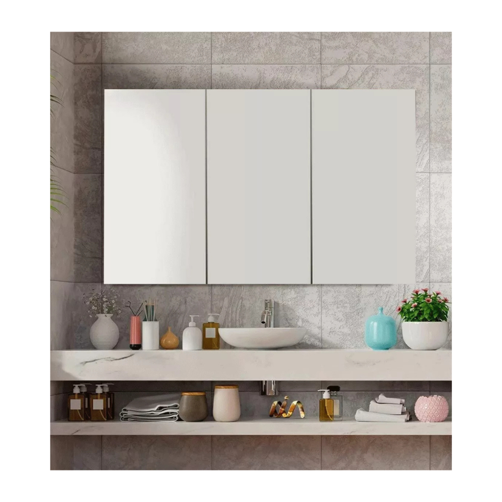 Armário Aéreo Banheiro C/ 3 Portas De Espelho 90cm - COM FUNDO