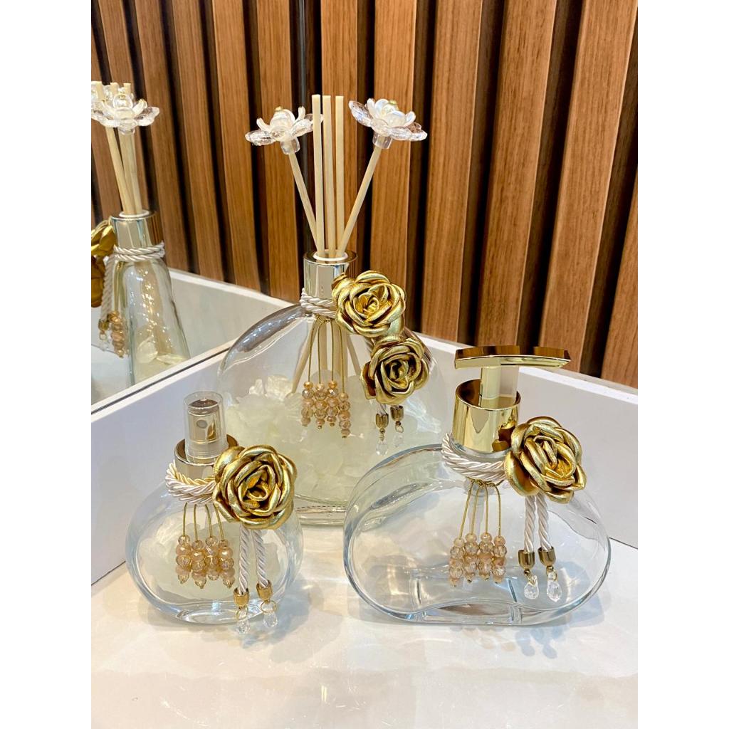 Kit lavabo dourado kit banheiro difusor de ambientes saboneteira bandeja casa decorada