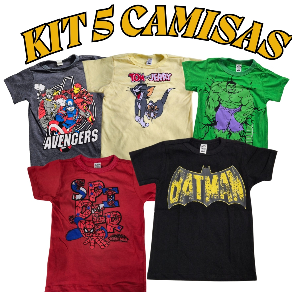 Kit 5 Camisetas Manga Curta Estampado Infantil Menino Sortidos Verão Masculino