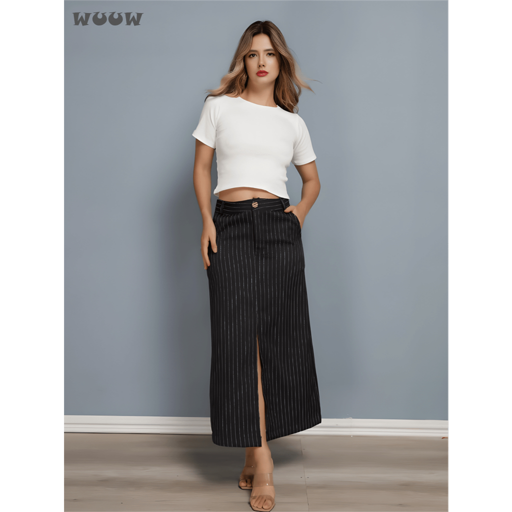 WUUW Meia saia longa A-Line feminina,Saia longa listrada, meia saia de corte casual e minimalista