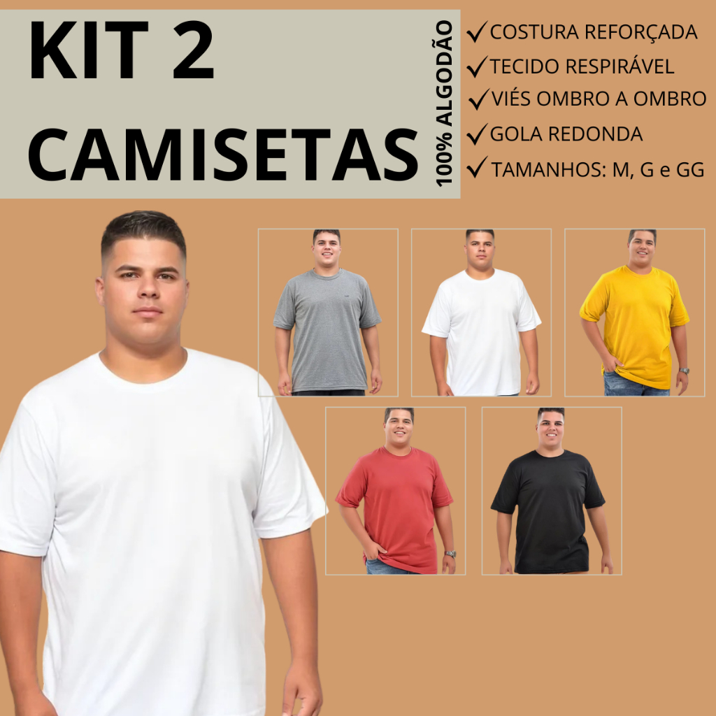 kit 2 camisetas Plus Size 100% algodão premium masculina tamanhos grande G1 G2 G3 Academia Trabalho Esporte em Oferta na Shopee