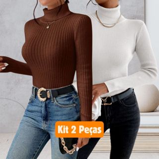 KIt 2 Blusas Feminina Cacharrel Tricot Básica Suéter Tricot Gola Alta Manga Longa em Oferta na Shopee