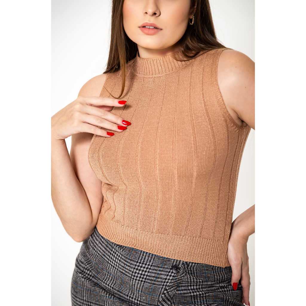 Blusa Cropped Regata Canelada Tricô Modal Premium Básica Gola Alta Elegante Feminina Tricot