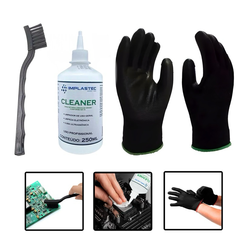 Kit Luvas Antiestáticas + Escova ESD + Cleaner Implastec 99,5% 250ml -  Limpeza de Eletrônicos Placas em Oferta na Shopee