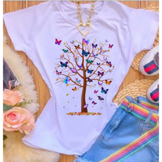 T-SHIRTS POLIÉSTER BRANCO ÁRVORE COM BORBOLETAS em Oferta na Shopee