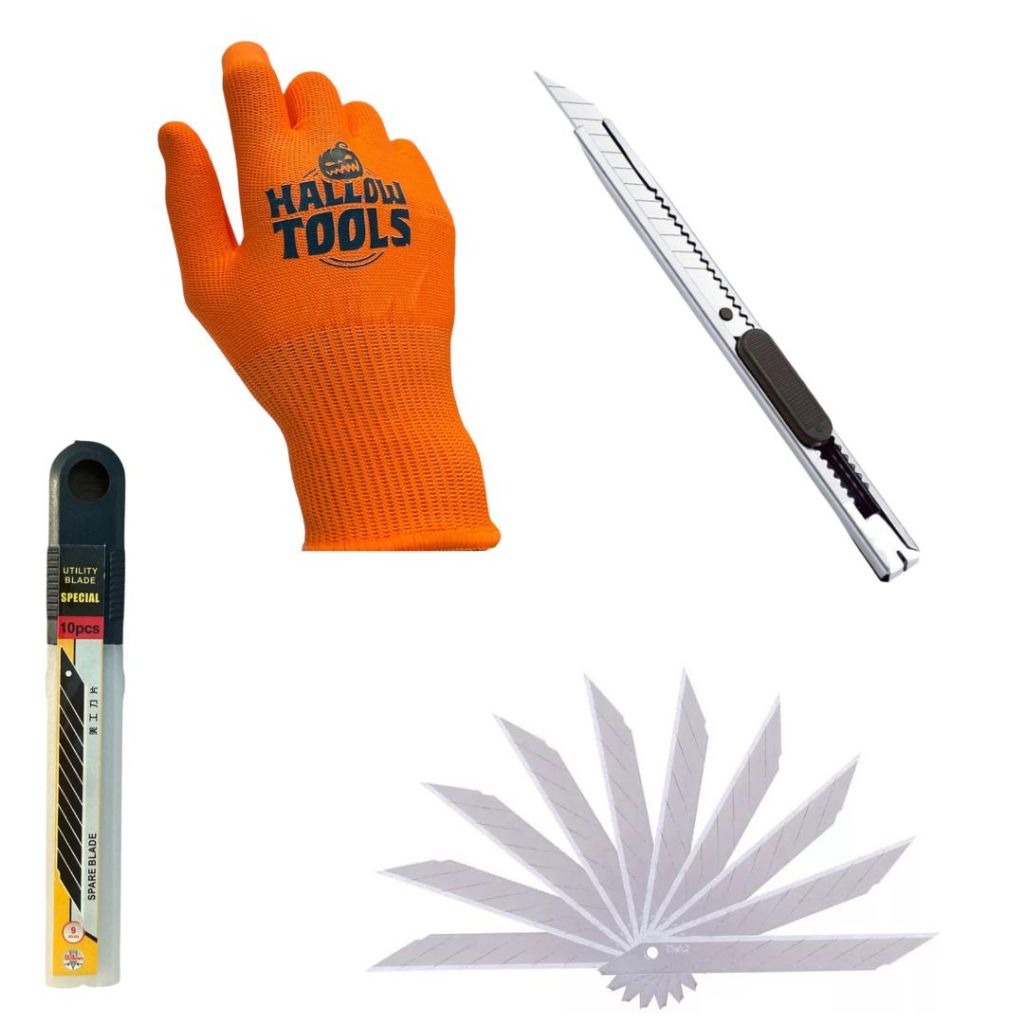 Kit Envelopamento Basic com Estilete 9mm + 10 Lâminas 30 Graus 9mm + 01 Par de Luvas - Hallow Tools