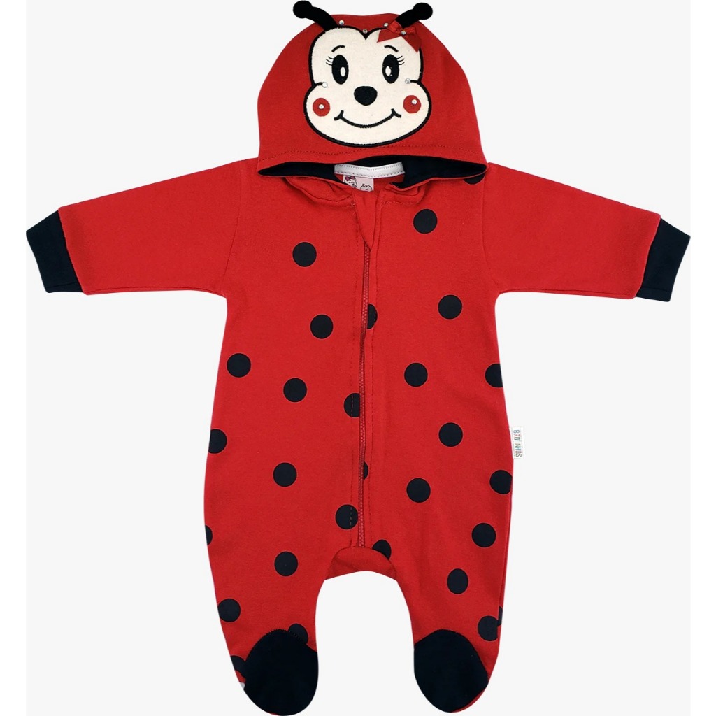 MACACÃO INFANTIL JOANINHA LADY BUG, VERMELHO COM BOLINHAS PARA MENINA ALGODÃO INVERNO ROUPA DE FRIO
