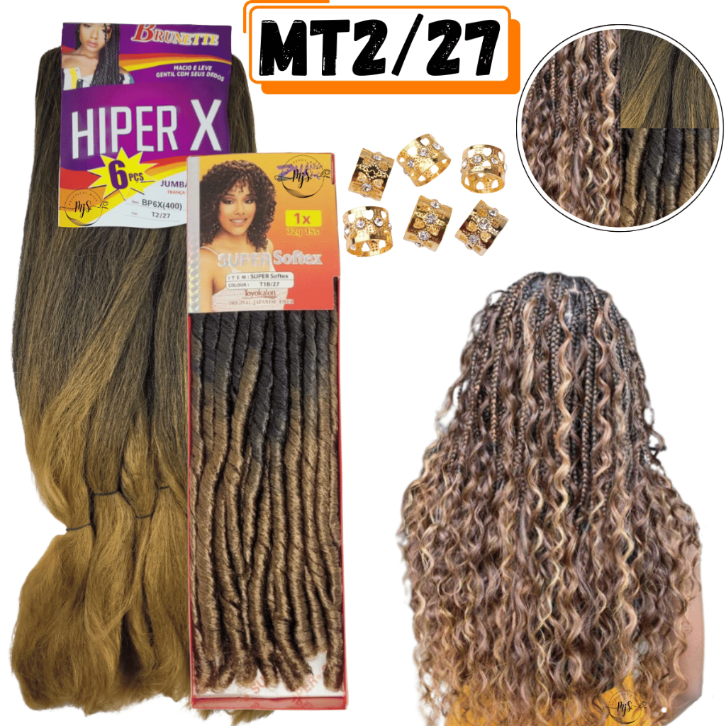 Kit Gypsy Fulani Braids 1 Jumbo Jumbão Hiper X Para Tranças 400 Gramas + 1 Nina Softex Crochet Braids 100 Gramas + Anéis