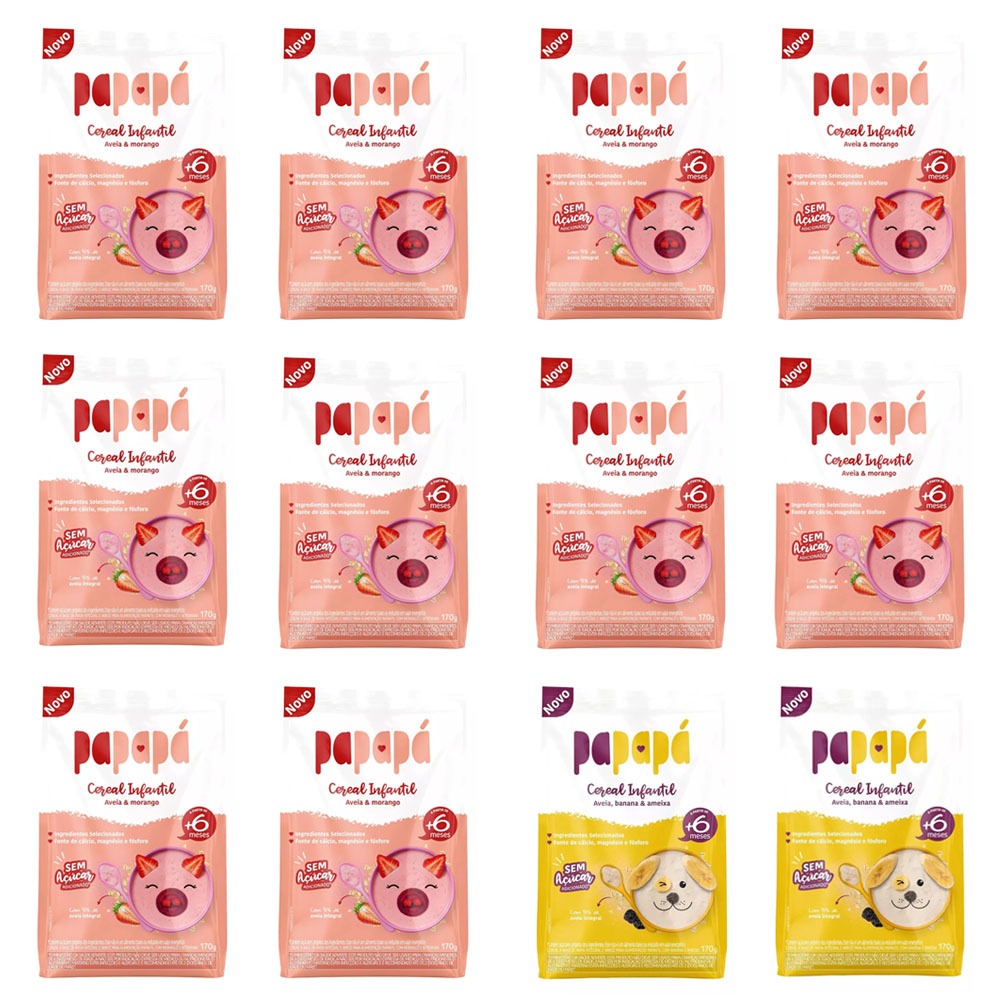 Cereal Papapá Infantil + 6 Meses Kit 12 Sachês 170g 2 Sabores