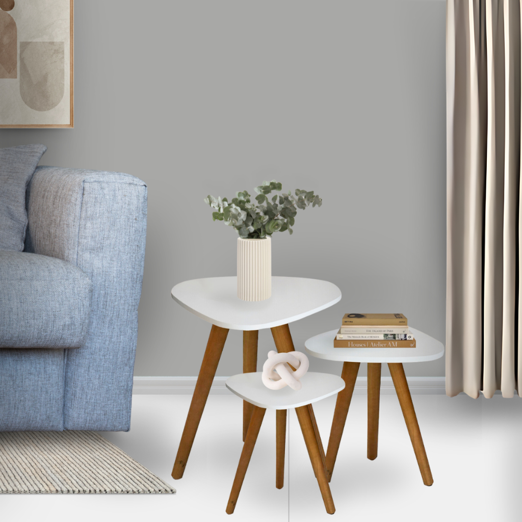 Kit Trio Jogo de Mesinhas Lateral Sala Pé Palito Retro Tampo Orgânico em Oferta na Shopee