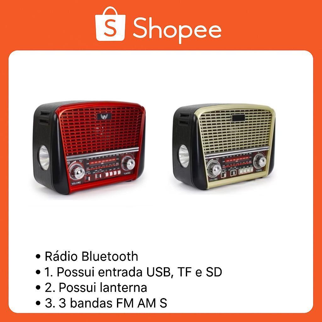 Caixa de Som Bluetooth Retrô JD-107 com Rádio FM AM SW, USB, SD, Lanterna e Bateria Recarregável Portátil