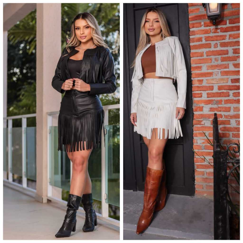 Conjunto Feminino Cowboy Courinho Saia e Jaqueta em Oferta na Shopee