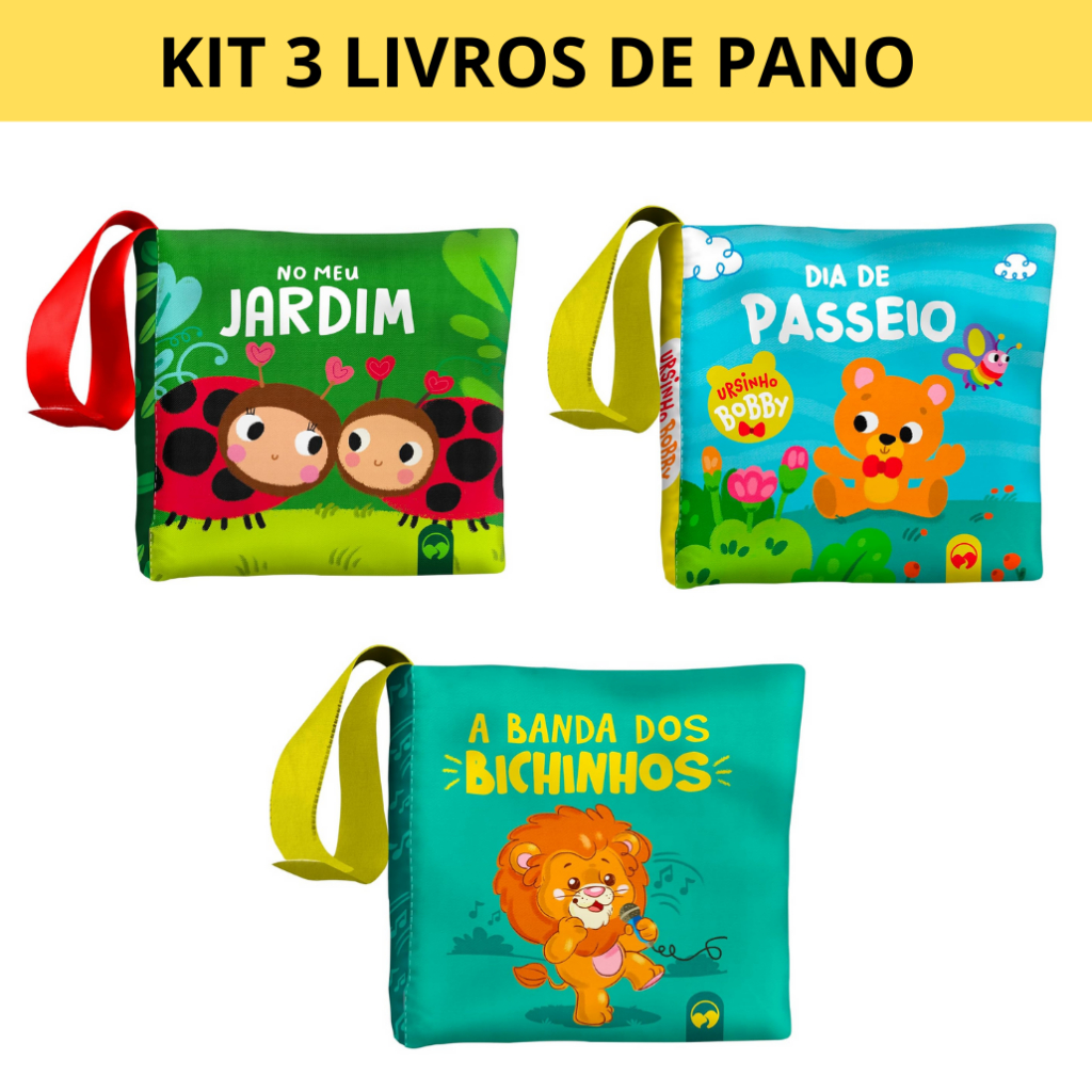 Kit 3 Livros Infantis de Pano - Bebê Feliz - Jardim, Bichinhos, Passeio