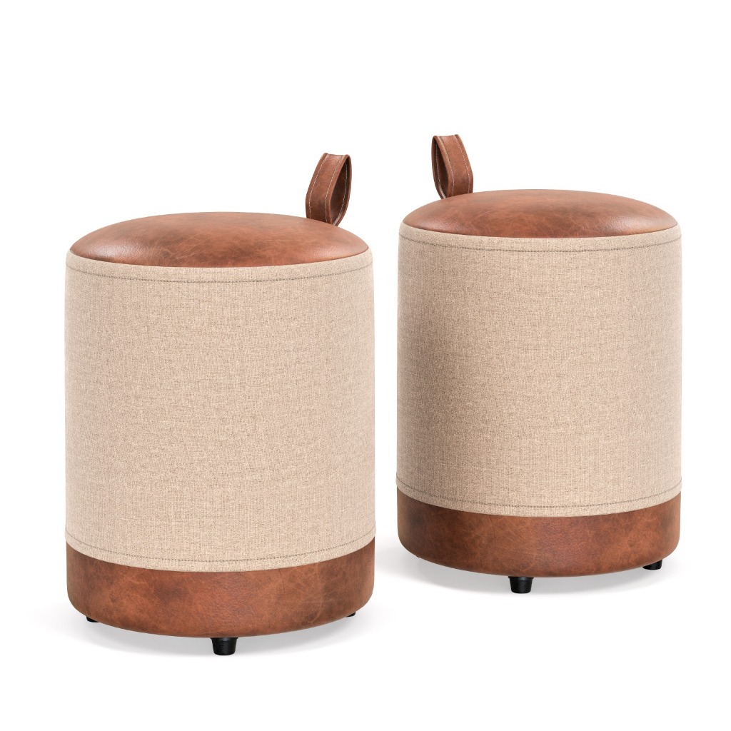 Kit 2 Puff pufs Rendondo Couro​ E Linho 42X34 -Euro- CM
