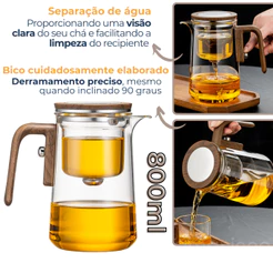 Chaleira Bule Infusor de Chá Vidro Borossilicato 800ml Aço Inox com Madeira Sistema Filtro Magnética