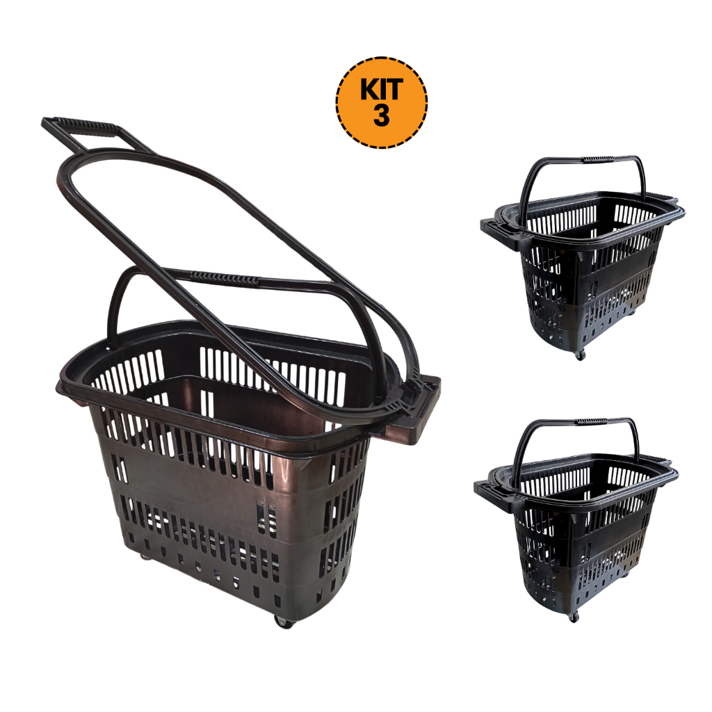 Kit 3 Cesta de Compras com Rodinha Supermercado 30 Litros Carrinho de Mercado com Rodas Giratórias Alças e Puxador