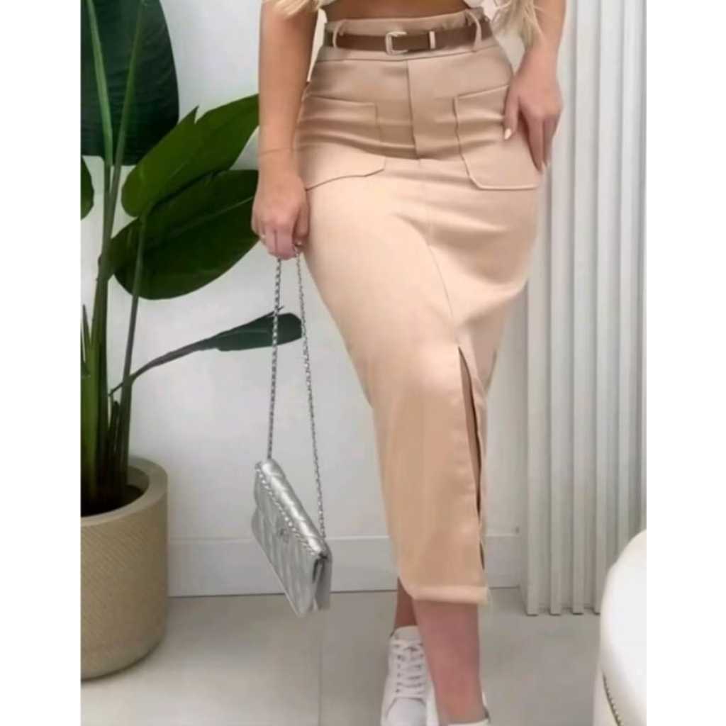 Saia Feminina Midi em Alfaiataria e Bolso Frontal com Cinto -  Moda Evangélica Elegante em Oferta na Shopee