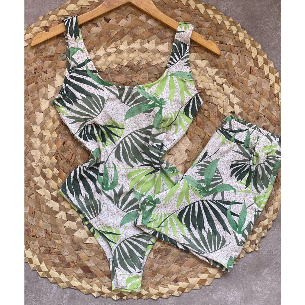 Conjunto Body Maio Suplex Feminino Estampado Short Cintura Alta Verão Tendência Moda Blogu...