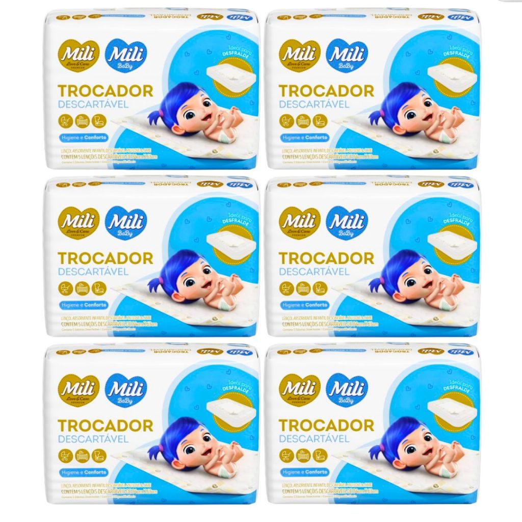 Trocador de Fralda Descartável Mili  Love&Care 6 Pacotes c/ 5 un (trocador portatil bebe)